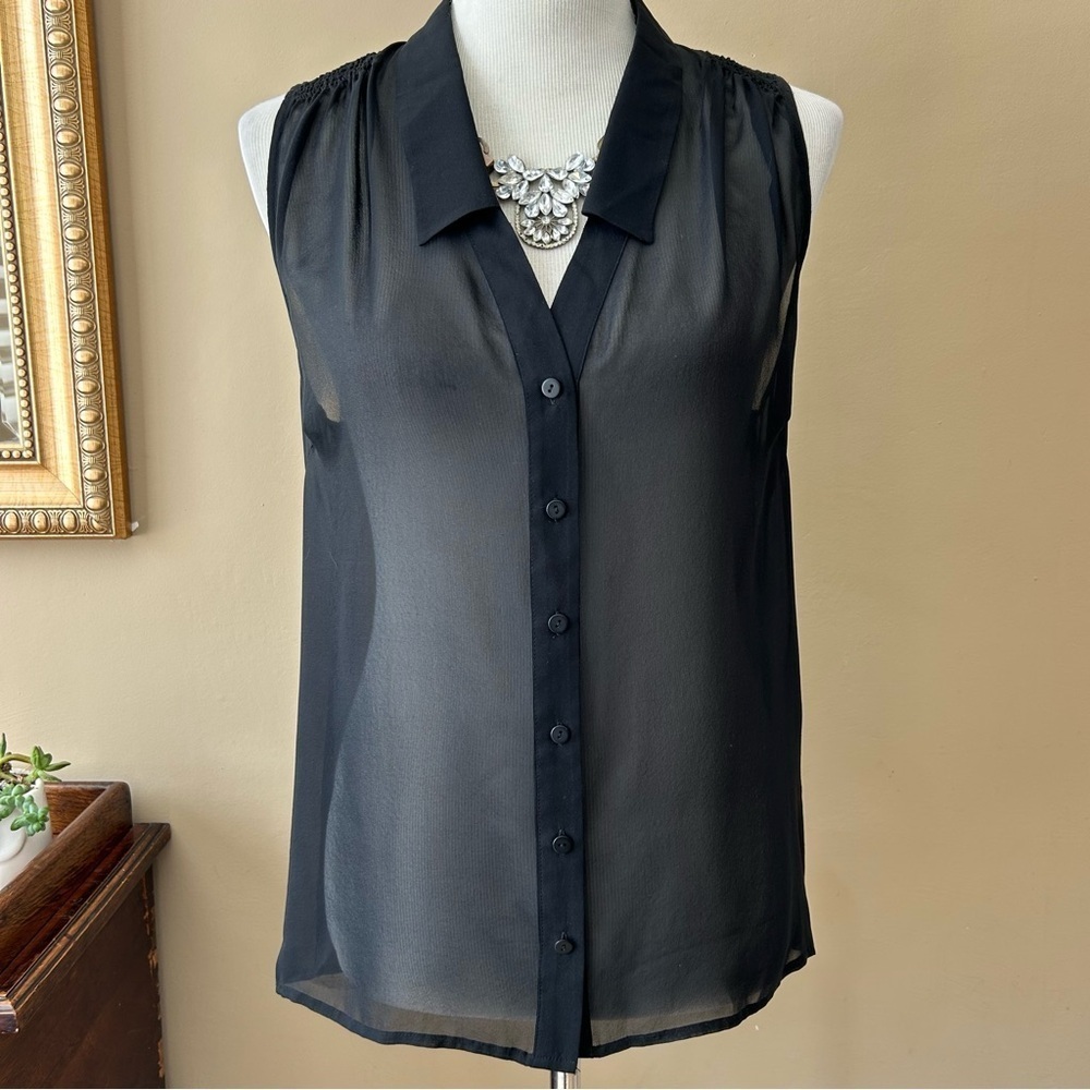 Jeunesse Black Silk Sleeveless Sheer Blouse Button Down Tank Size Large L